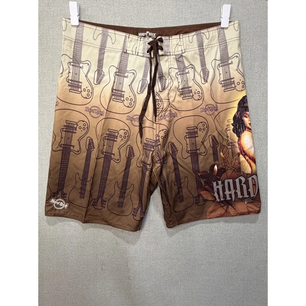 NWT Hard‎ Rock Cafe Mens Vintage Surf Pinup Boardshorts Brown Guitar Print SZ 36